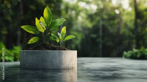 A vibrant green plant grows in a minimalist, round concrete planter set against a blurred, verdant forest background, symbolizing new growth and simplicity in design. photo