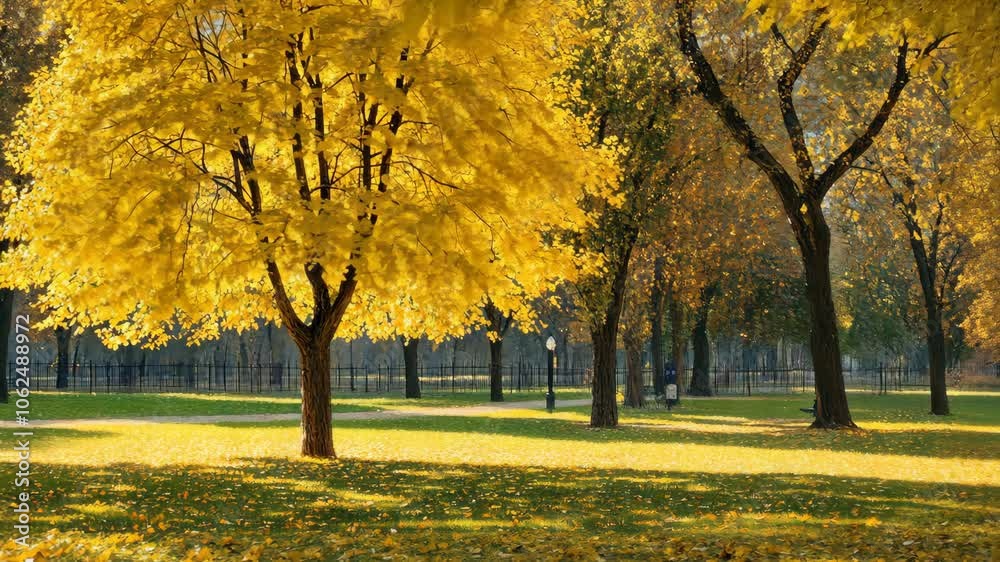 A bright yellow tree stands tall in a park with scattered leaves on the ground A bright yellow tree stands tall in a park with scattered leaves on the ground
