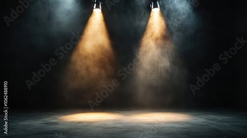 Two spotlights cast intersecting beams of warm light on a stage, conjuring themes of duality, focus, and anticipation in a theatrical setting.