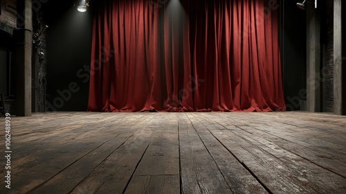 An empty wooden stage with a rich red curtain backdrop, epitomizing anticipation, mystery, and the allure of the performative arts in a theatrical setting. photo