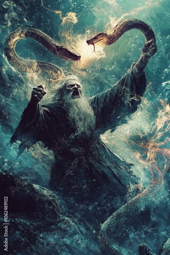 A wizard battles a serpent in a chaotic and mystical realm of enchantment and danger