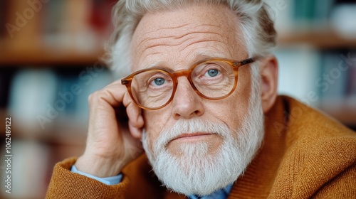 Elderly man with glasses and a thoughtful expression in a cozy library setting, AI