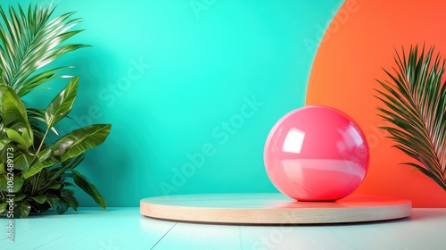 A bright pink sphere rests on a raised circular platform with lush green plants and a vibrant teal and orange background, creating a dynamic visual composition.