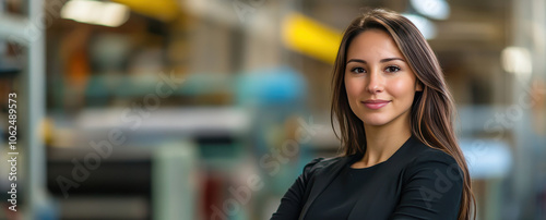 Confident Businesswoman in Modern Industrial Setting with Arms Crossed