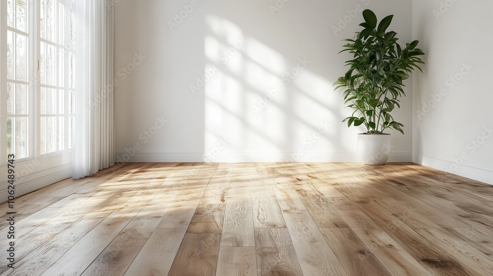 A serene room combining the natural textures of wooden flooring with a large potted plant by a window, allowing sunlight to gently illuminate the space beautifully. A serene room combining the natural textures of wooden flooring with a large potted plant by a window, allowing sunlight to gently illuminate the space beautifully.