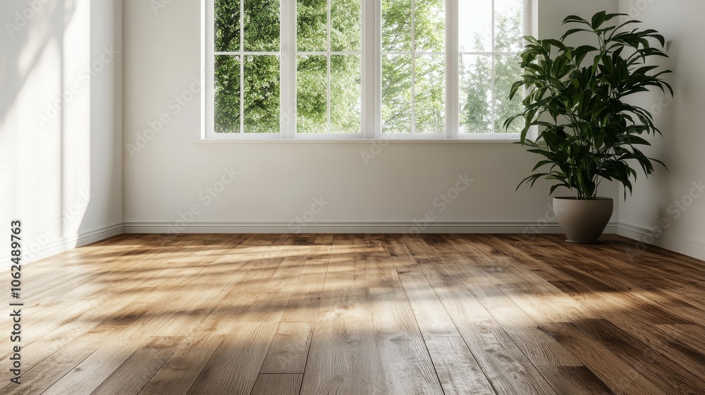 A serene, sunlit empty room showcasing a beautiful wooden floor and a lush green plant by a window, offering a minimalist and tranquil atmosphere. Light and shadows form natural patterns.