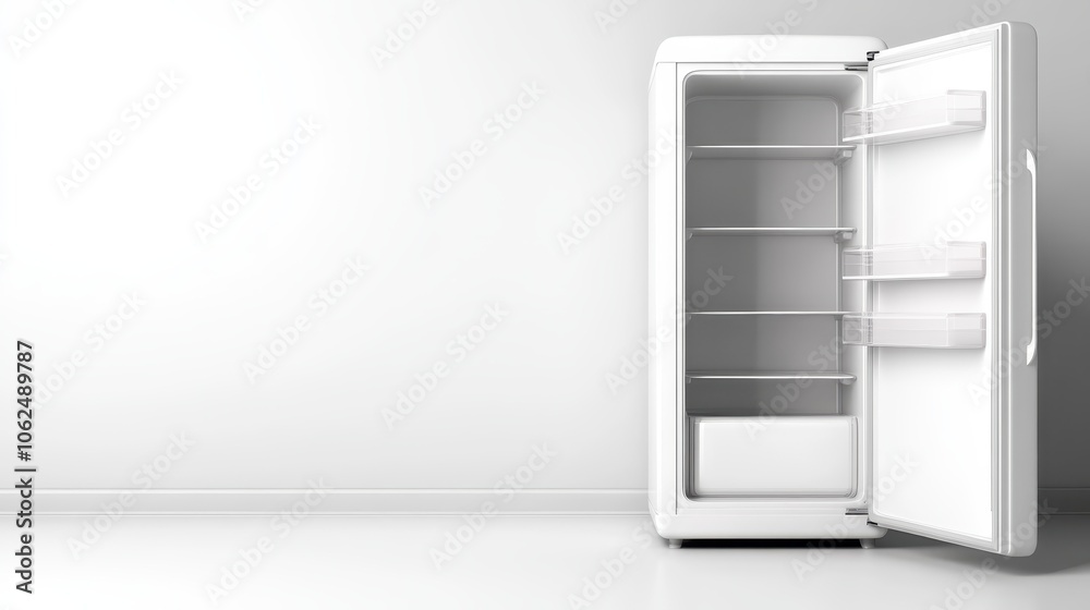 An open white refrigerator stands in a minimalist room with a plain white background. The fridge's empty shelves emphasize simplicity and potential for storing needs creatively. An open white refrigerator stands in a minimalist room with a plain white background. The fridge's empty shelves emphasize simplicity and potential for storing needs creatively.