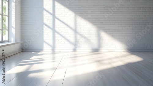 A bright room with soft shadows cast on the floor by a window on a clear day. The minimalistic setup creates a serene atmosphere with classic white brick walls.