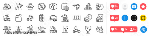 Flag, Garage and Delivery man line icons pack. Social media icons. Fragile package, Tickets, Warning web icon. Valet servant, Fake news, Roller coaster pictogram. Vector