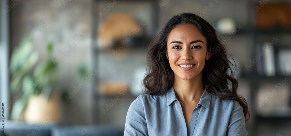 Confident Young Woman Smiling in Modern Living Room Setting