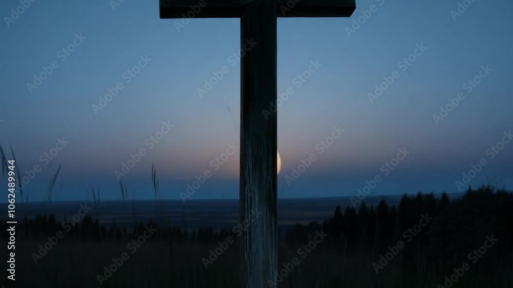 Large wooden cross stands on a hilltop, silhouetted against a vibrant sunset in the distance Large wooden cross stands on a hilltop, silhouetted against a vibrant sunset in the distance