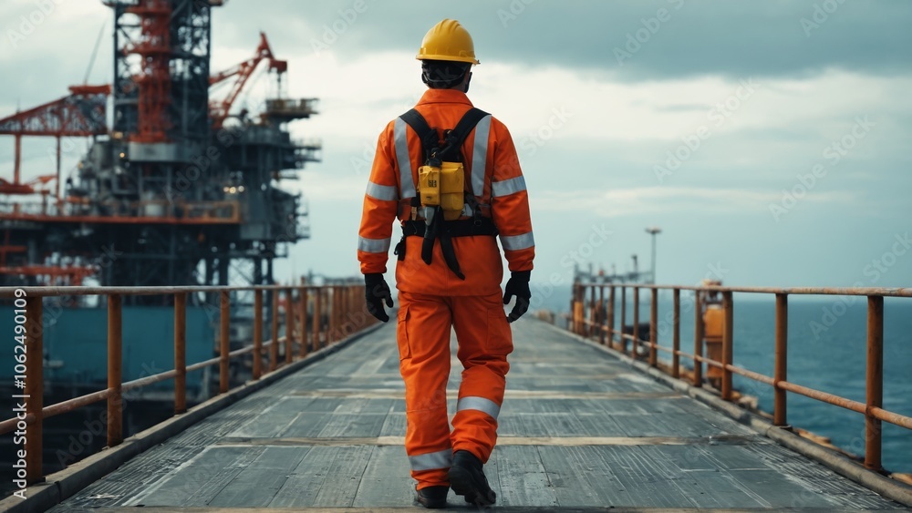Safety first: A construction worker explores an oil rig during a cloudy day by the sea Safety first: A construction worker explores an oil rig during a cloudy day by the sea