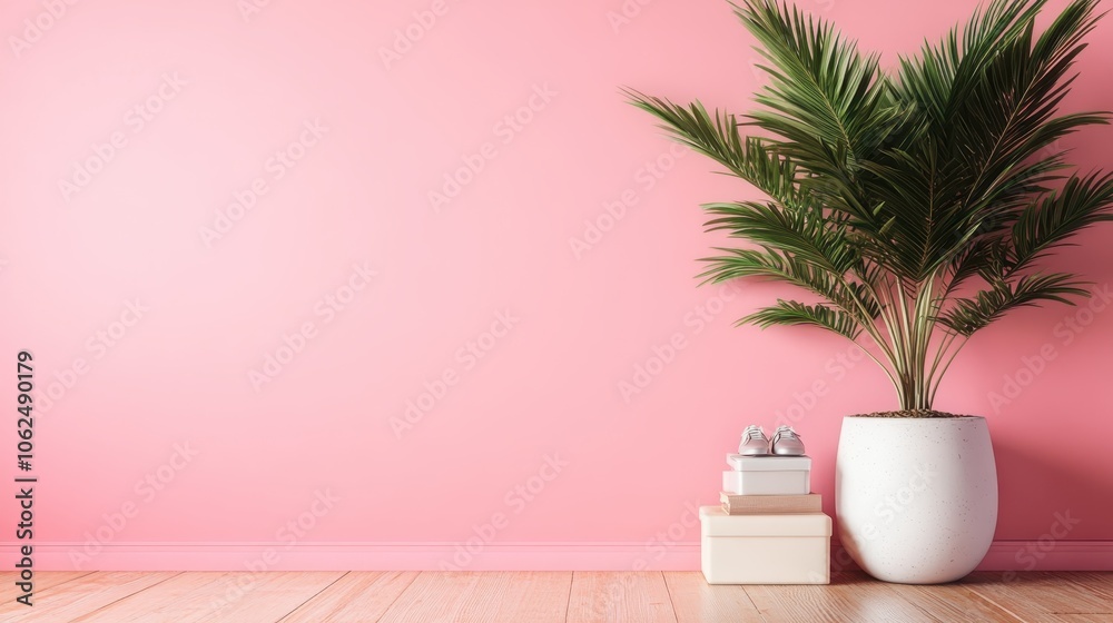 A vibrant green potted plant beside stacked books and sneakers on a wooden floor against a pink wall, symbolizing a blend of nature and modern living. A vibrant green potted plant beside stacked books and sneakers on a wooden floor against a pink wall, symbolizing a blend of nature and modern living.