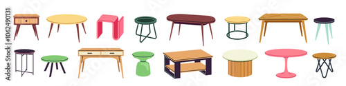 Vector illustration set of Scandinavian tables, stools, featuring modern, minimalist designs. Furniture isolated on white background. Various shapes, colors, styles ideal for interior design projects
