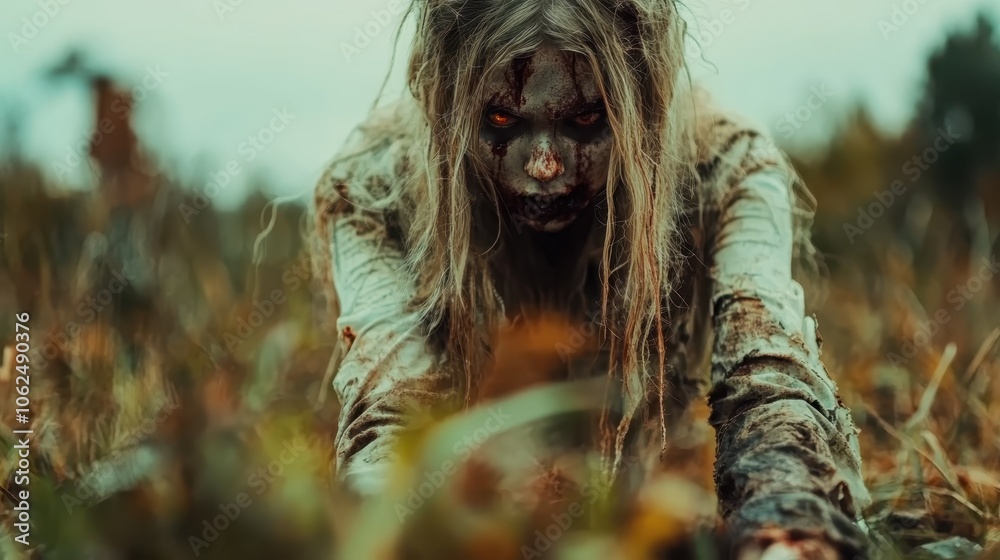 Obraz premium A zombie with fiery eyes crawls through a desolate field, hinting at a post-apocalyptic world filled with horror and desolation in the midday light.