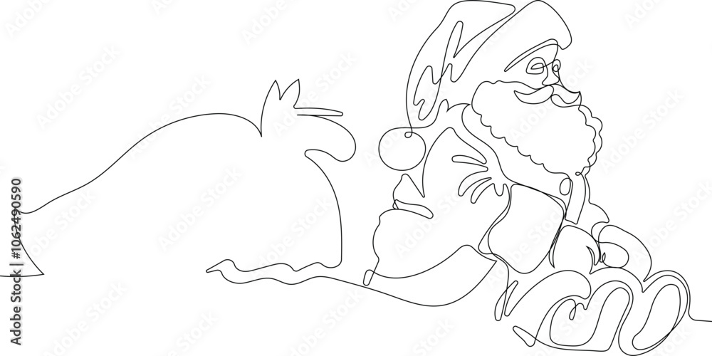 Outlined Cute Santa Claus Cartoon Character With A Sack Full Of Gifts. Vector Hand Drawn Illustration. One continuous line drawing Santa Claus on reindeer and sled. concept for Christmas and New Year Outlined Cute Santa Claus Cartoon Character With A Sack Full Of Gifts. Vector Hand Drawn Illustration. One continuous line drawing Santa Claus on reindeer and sled. concept for Christmas and New Year