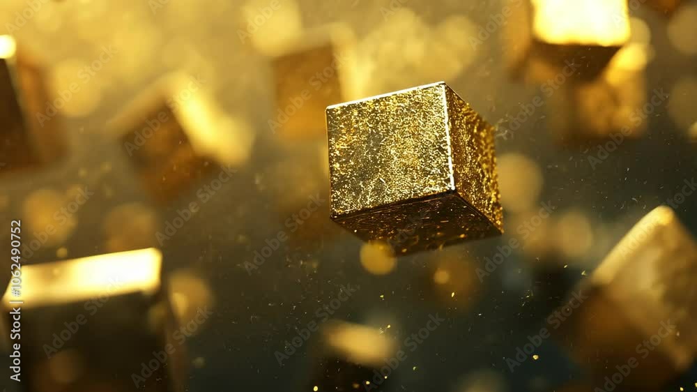 A golden cube floats in mid-air, surrounded by shimmering dust particles A golden cube floats in mid-air, surrounded by shimmering dust particles