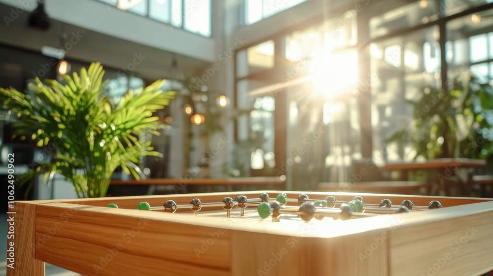 A sunlit foosball table gleams in a modern indoor environment with lush plants and ample windows, representing leisure and relaxation in contemporary spaces. A sunlit foosball table gleams in a modern indoor environment with lush plants and ample windows, representing leisure and relaxation in contemporary spaces.