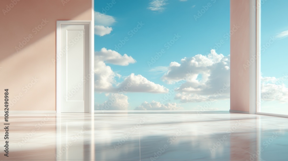 This image captures a doorway with the reflection of a cloudy sky on a polished floor, evoking a serene and hopeful atmosphere within a minimalist space. This image captures a doorway with the reflection of a cloudy sky on a polished floor, evoking a serene and hopeful atmosphere within a minimalist space.