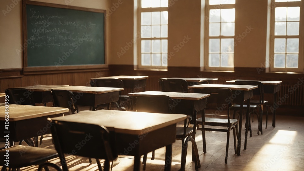 An empty classroom filled with sunlight, showcasing wooden desks and a chalkboard in the afternoon An empty classroom filled with sunlight, showcasing wooden desks and a chalkboard in the afternoon