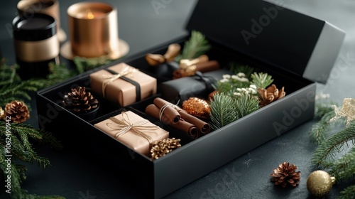 A beautifully arranged gift box with wrapped presents, pine branches, and cinnamon sticks, perfect for holiday celebrations and festive cheer.