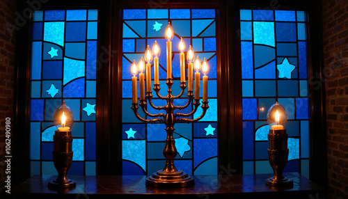 Hanukkah menorah against stained glass window with stars photo