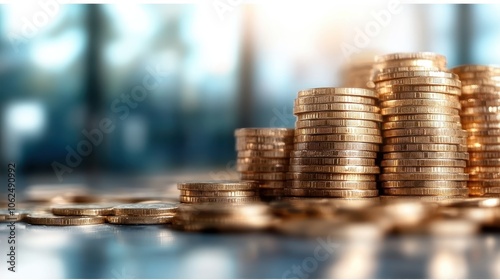 A close-up image of numerous stacks of shiny golden coins symbolizing financial success, stability, and wealth with a soft, blurred background of blues and greens. photo