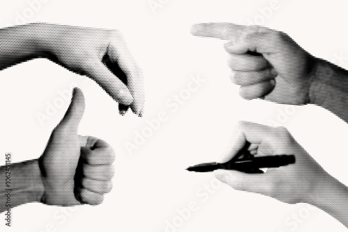 Set of halftone images of hands. Pop art retro style illustration