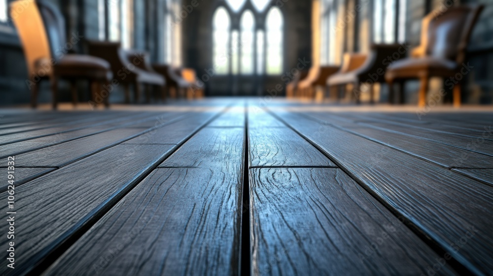 Elegant wooden floor in a sunlit, grand hall with arched windows and classic chairs, AI Elegant wooden floor in a sunlit, grand hall with arched windows and classic chairs, AI