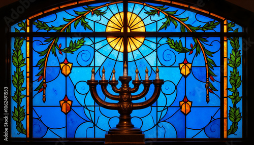 Stained glass window with menorah and sun design photo