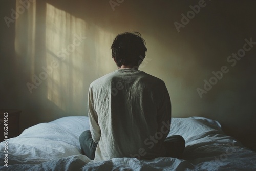 A person sits quietly on a bed in soft light. The mood is reflective and calm. The image captures solitude and contemplation. Generative AI