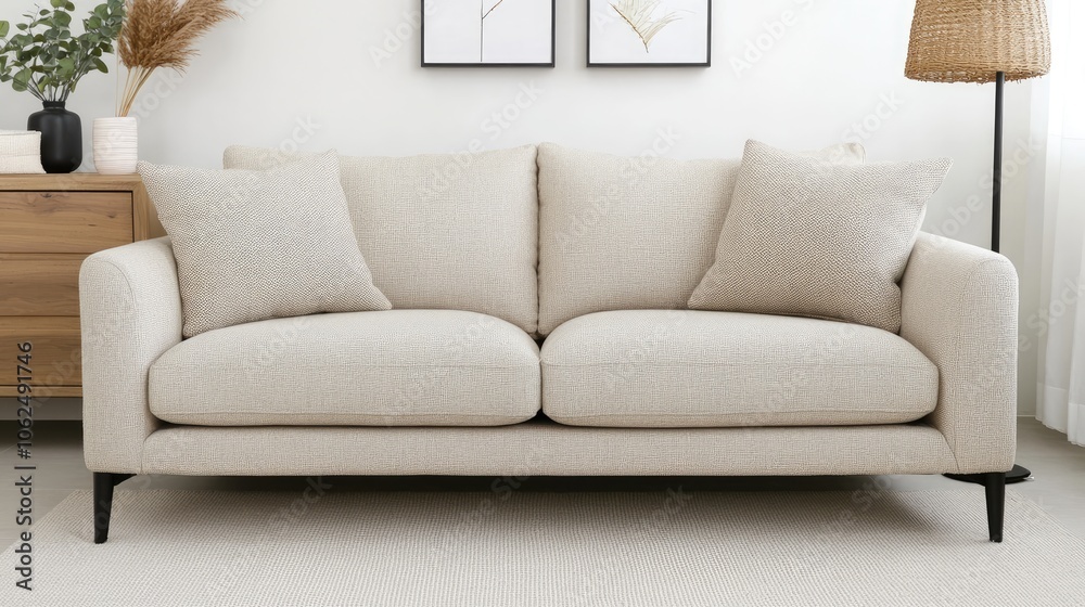 Fototapeta premium Stylish Nordic living room showcases a beige sofa, wooden furnishings, and plants enhancing the inviting atmosphere of the space