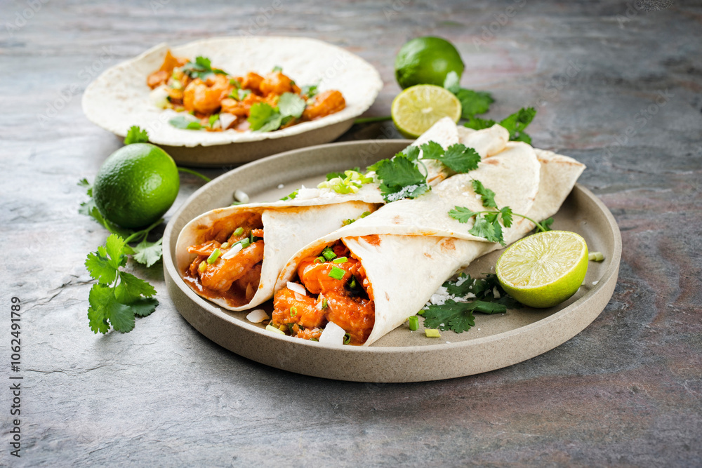 Caribbean style wrap with king prawns in spicy coconut curry lime salsa served as closeup in a wheat tortilla on a design plate Caribbean style wrap with king prawns in spicy coconut curry lime salsa served as closeup in a wheat tortilla on a design plate