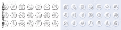 Fake news, Interview and Euro money line icons. White pin 3d buttons, chat bubbles icons. Pack of Document attachment, Currency rate, Statistics timer icon. Vector