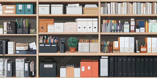 Stationery shop with organized shelves stocked with office supplies, folders, and notebooks High quality