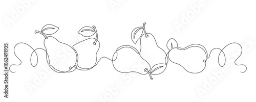 Fresh pears drawn with continuous line in minimalism, single line, editable vector outline.