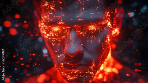 Portrait of a man with digital brain waves, glowing red circuitry symbolizing thought power, dark abstract holographic background, cyberpunk, red tones, digital art, dynamic lighting