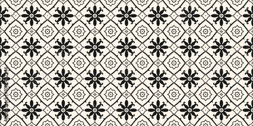 Vector floral seamless pattern with ethnic folk motifs. Simple black and white abstract geometric ornament texture with small cute flowers, repeat tiles. Elegant monochrome background. Repeated design