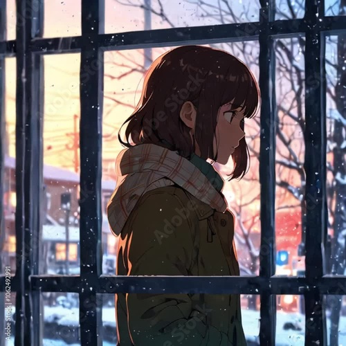 Young woman looking through the windows on a snowy afternon, 4k animation video photo