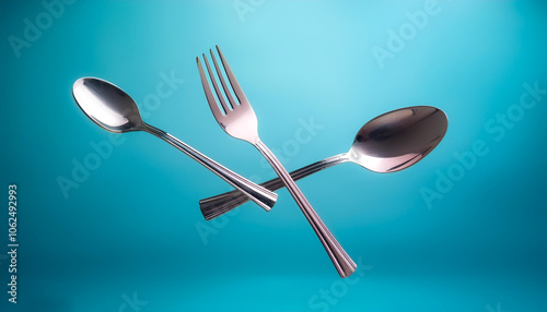 Fork and one spoon floating or flying isolated on light blue background