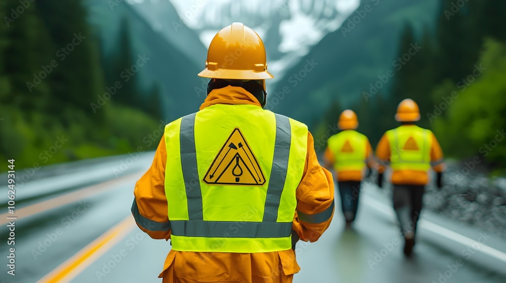 Engineers in safety vests inspecting road plans with environmental overlay maps, showcasing forest areas affected by highway development, Highway construction, eco-analysis Engineers in safety vests inspecting road plans with environmental overlay maps, showcasing forest areas affected by highway development, Highway construction, eco-analysis