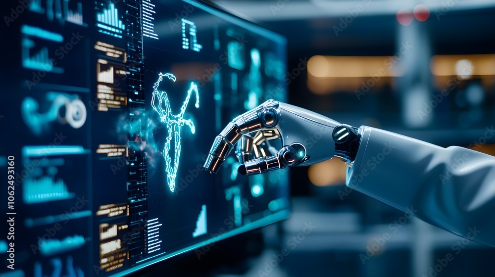 Fototapeta premium Engineer performing maintenance checks on a robotic arm, efficiency graphs displayed on nearby monitors, industrial lighting casting sharp shadows