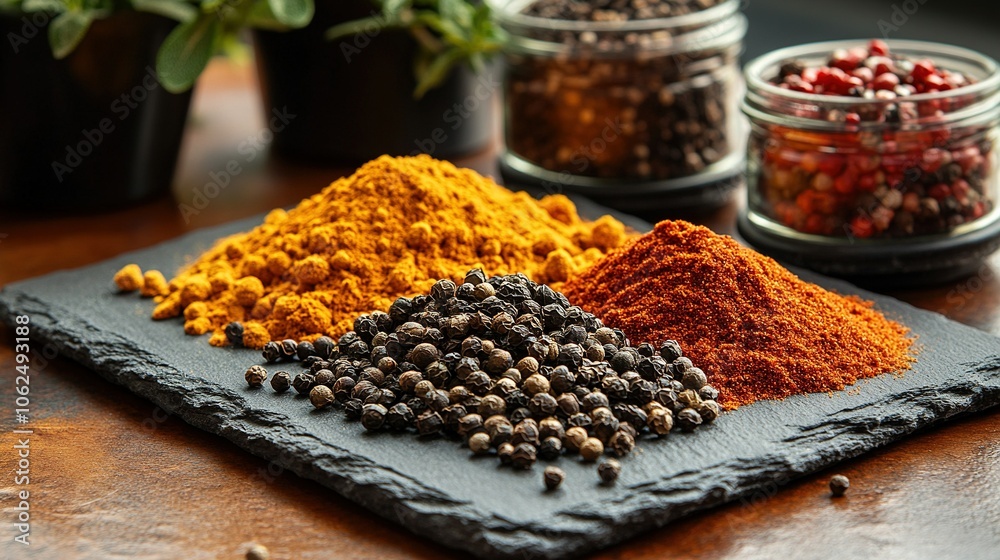 An assortment of spices on a slate platter