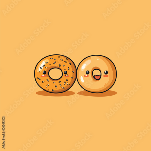 Adorable Cartoon Donuts with Expressive Faces on Orange Background with Smiles