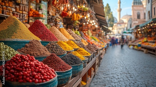 A vibrant spice market display,