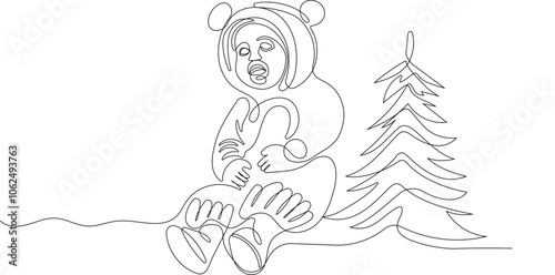 Outlined Cute Santa Claus Cartoon Character With A Sack Full Of Gifts. Vector Hand Drawn Illustration. One continuous line drawing Santa Claus on reindeer and sled. concept for Christmas and New Year