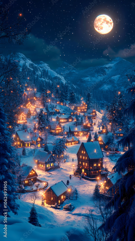 Obraz premium vertical image of a snowy village at night with glowing Christmas lights and a full moon in the sky, suitable for mobile phone