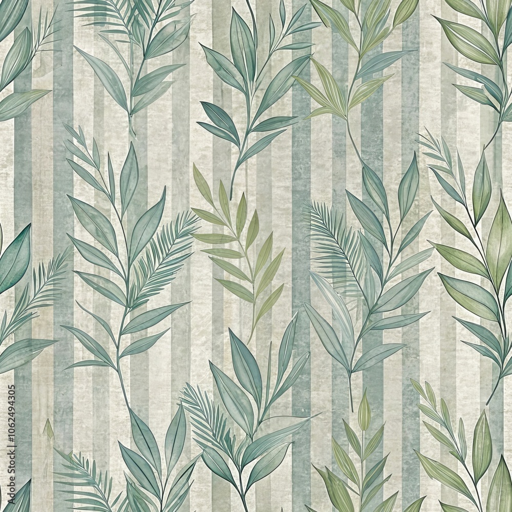 Fototapeta premium Seamless green foliage pattern with striped background for elegant interior design