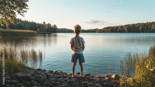 a white tan skinned boy standing on a rocky shore, gazing out at the calm lake, with open space to his left and natural lighting illuminating the scene