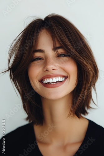 A cheerful young woman with short, stylish brown hair flashes a bright, genuine smile against a simple white background, embodying joy and youthful energy.